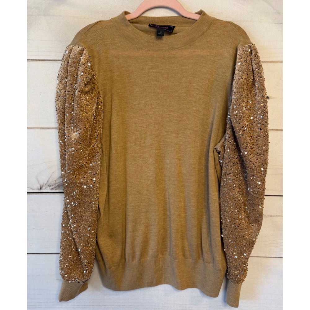 C. Wonder Christian Siriano Sequin Velvet Puff Sleeve Sweater Tan Camel 1X